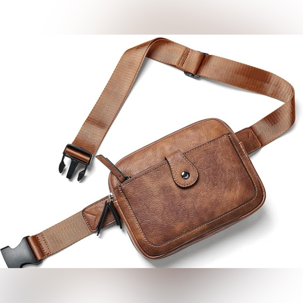 Yiqun Brown Faux Leather Crossbody Fanny Pack Sling PU Leather Bag Purse